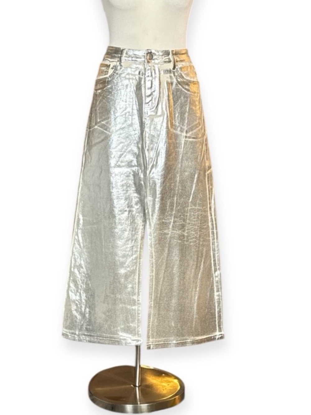 ELEVEN22 SILVER METTALIC COATED DENIM MAXI SKIRT HIGH SLIT Y2K FUTURISTIC GLAM - Picture 3 of 12